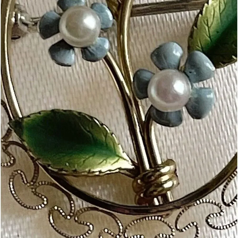 Vintage Krementz Gold Filled Forget Me Not Flower Filigree Brooch Pin Pearl Oval